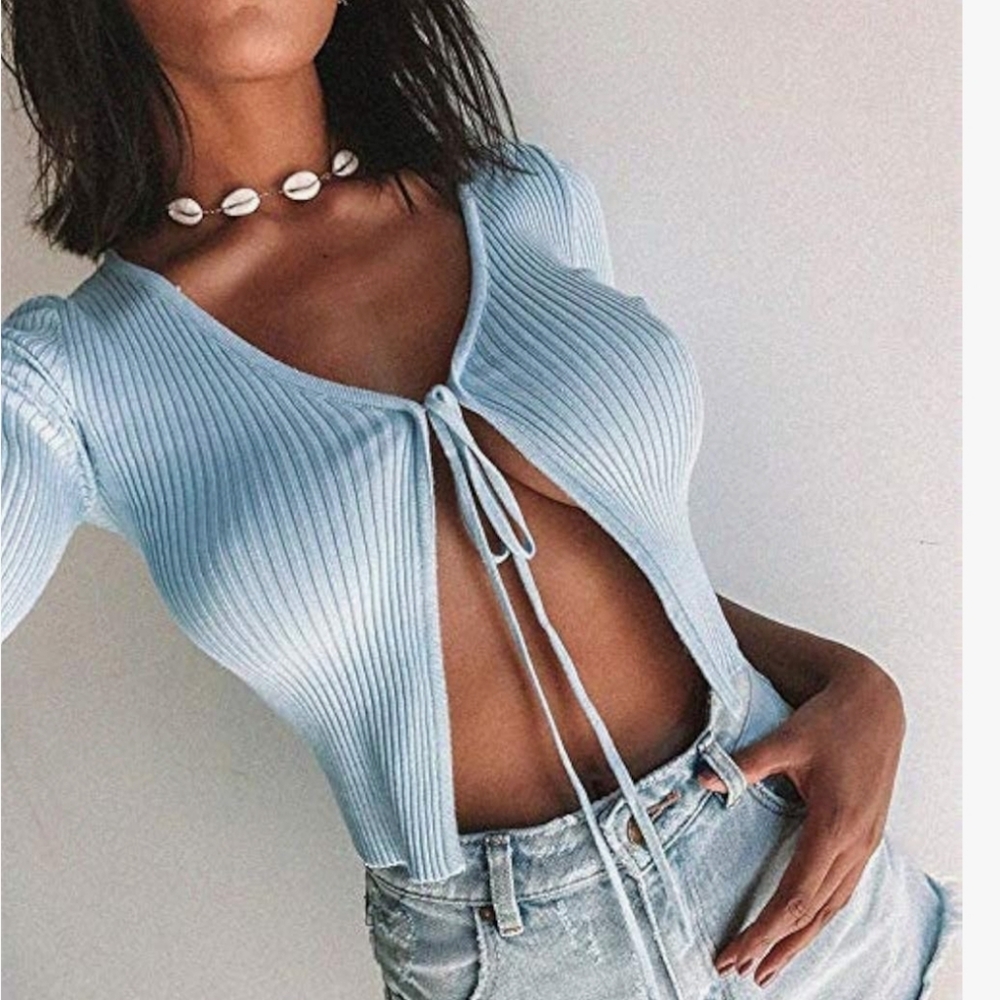 Light Blue Ribbed Tie-Front Top